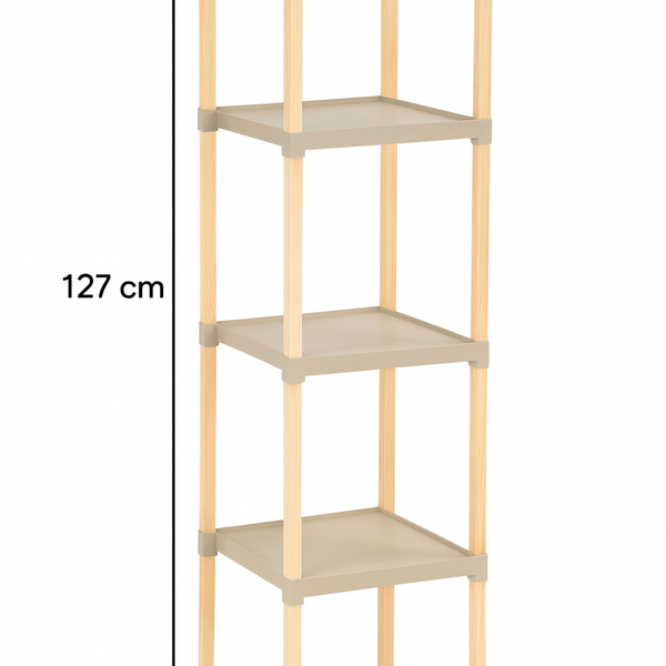FixWood Houten Modulaire Opbergrek – Massief Hout & Kunststof – Badkamerrek, Keukenrek of Plantenrek – 127 cm Hoog – Beige-Naturel