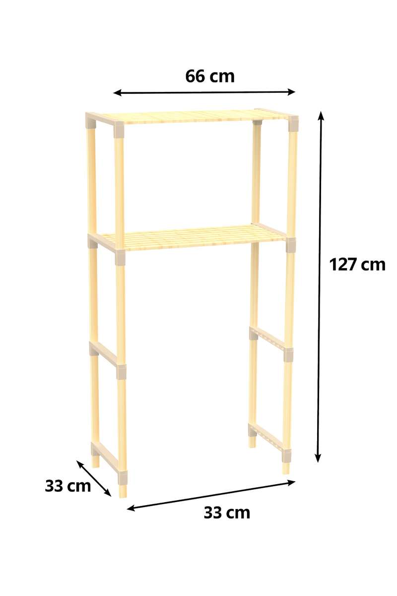 FixWood 2-Laags Wasmachine Rek – Beige - Houten Opbergrek voor Wasmachine – Ruimtebesparend Badkamerrek 127 cm – Beukenlook – 33x66x127 cm