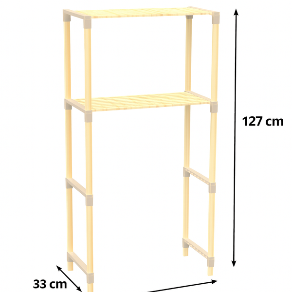 FixWood 2-Laags Wasmachine Rek – Beige - Houten Opbergrek voor Wasmachine – Ruimtebesparend Badkamerrek 127 cm – Beukenlook – 33x66x127 cm