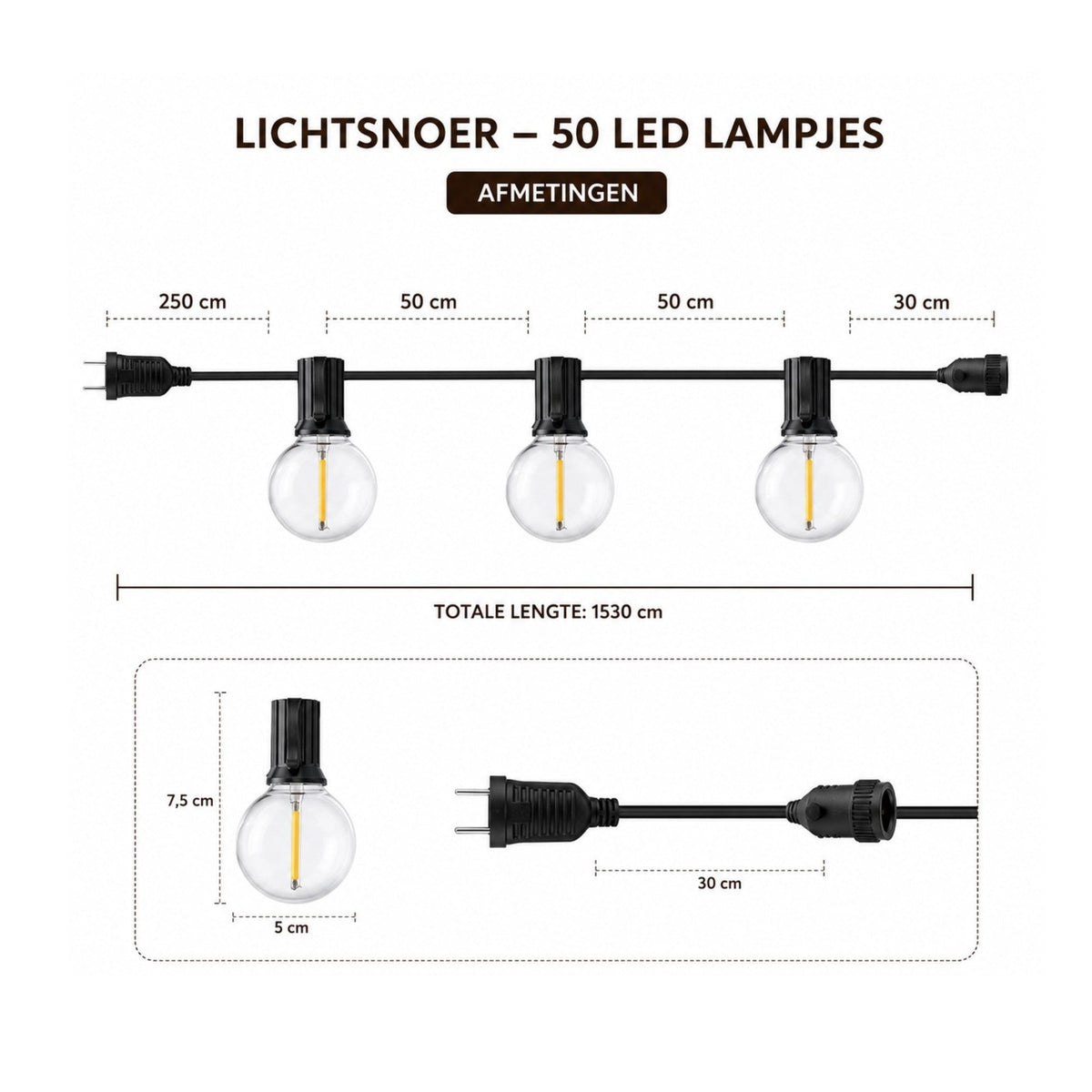 Prikkabel Buiten 15,3 Meter – 25 LED Lampen – Koppelbare Lichtsnoer Buiten – Waterdichte Tuinverlichting – Warm Wit – Sfeerverlichting voor Tuin, Balkon, Terras & Overkapping