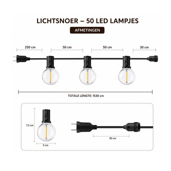 Prikkabel Buiten 15,3 Meter – 25 LED Lampen – Koppelbare Lichtsnoer Buiten – Waterdichte Tuinverlichting – Warm Wit – Sfeerverlichting voor Tuin, Balkon, Terras & Overkapping