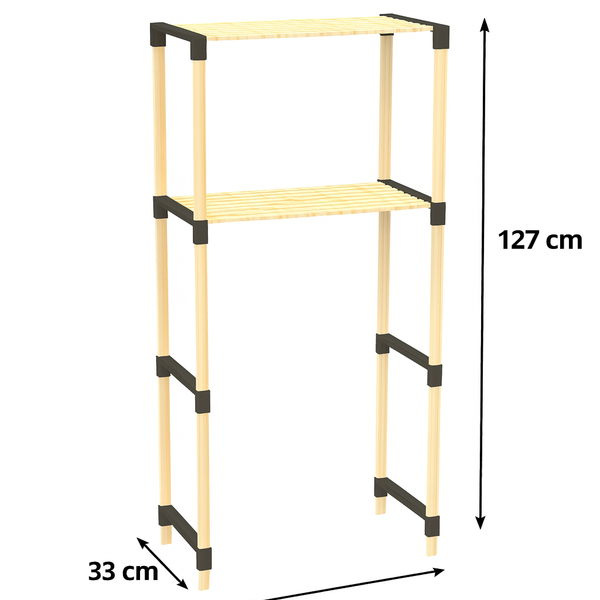 FixWood 2-Laags Wasmachine Rek – Zwart - Houten Opbergrek voor Wasmachine – Ruimtebesparend Badkamerrek 127 cm – Beukenlook – 33x66x127 cm (
