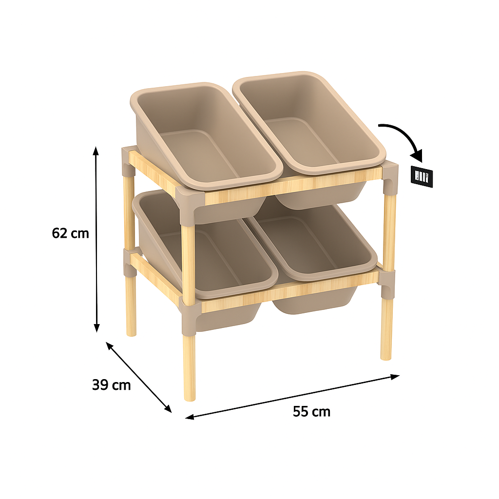 FixWood 2-laags Opbergrek met 4 Uitneembare Boxen – Speelgoed Organizer - Keukenrek - Multi-functioneel Opbergmeubel – 55 x 39 x 62 cm – Hout & Kunststof
