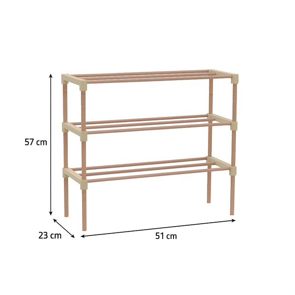 Schoenenrek 3 Lagen – Beige - Houten Schoenenkast – Compact & Ruimtebesparend Schoenenrek voor 9+ Paar – Modern Design – 51 x 23 x 57 cm