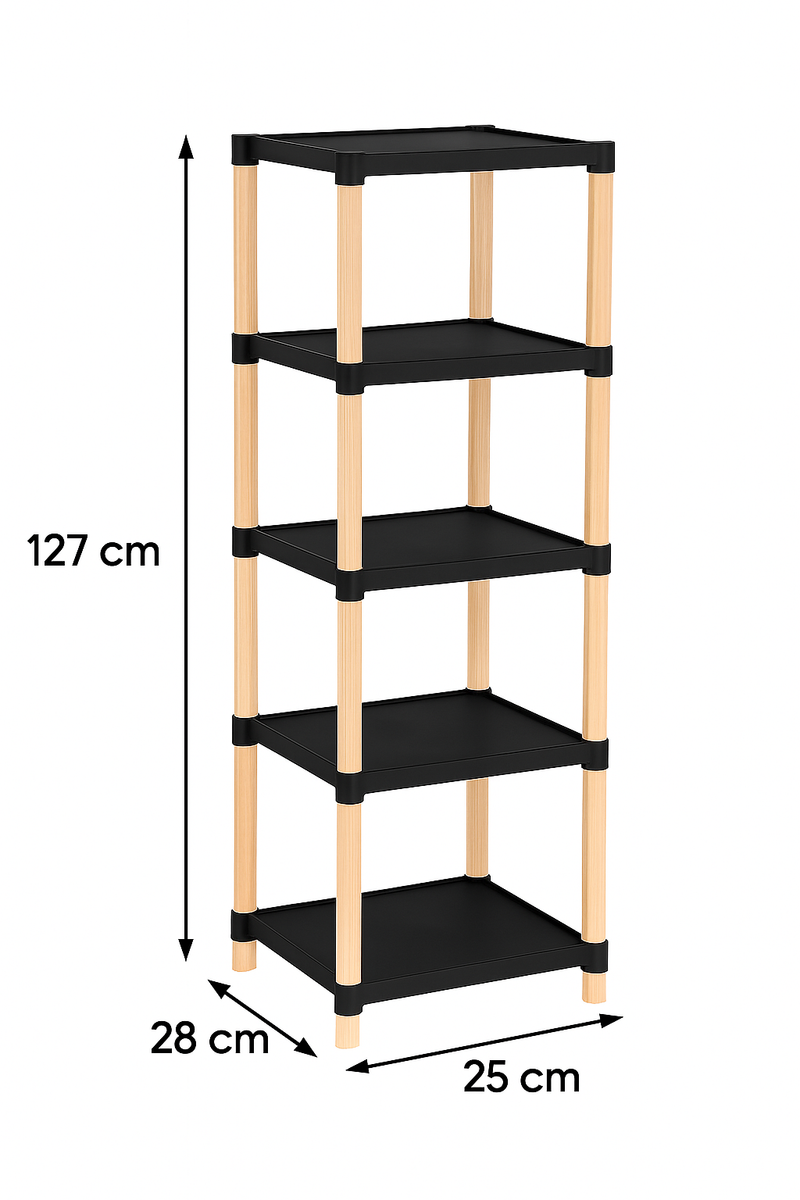 FixWood Houten Modulaire Opbergrek – Massief Hout & Kunststof – Badkamerrek, Keukenrek of Plantenrek – 127 cm Hoog – Zwart-Naturel