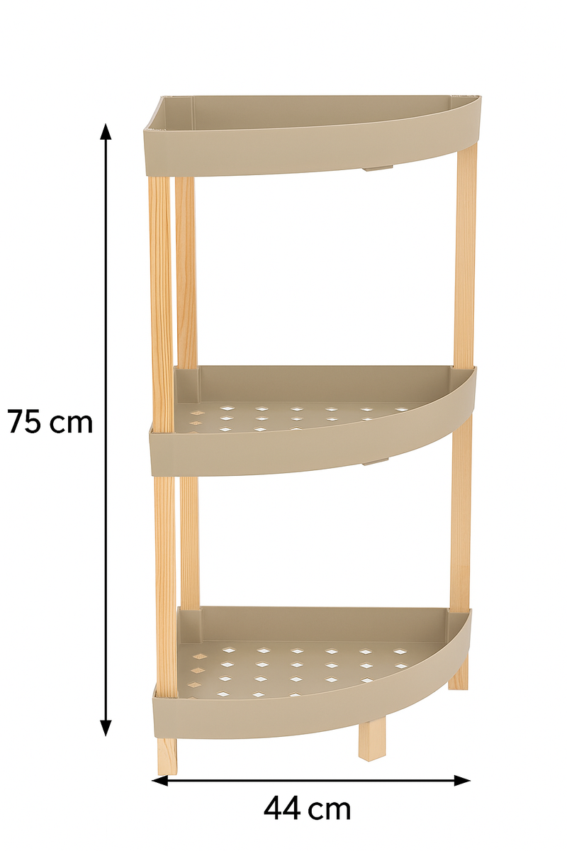 FixWood Houten Hoekrek – 3-Laags Organizer – Compact Badkamer- en Keukenrek – 75 x 44 cm