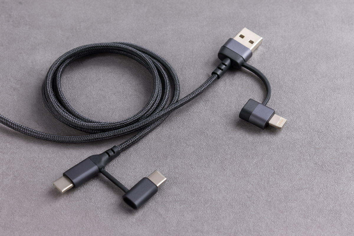 3-in-1 USB Kabel – 1 meter – Snelladen & Dataoverdracht – USB naar USB-C - Lightning – Nylon Gevlochten – Zwart