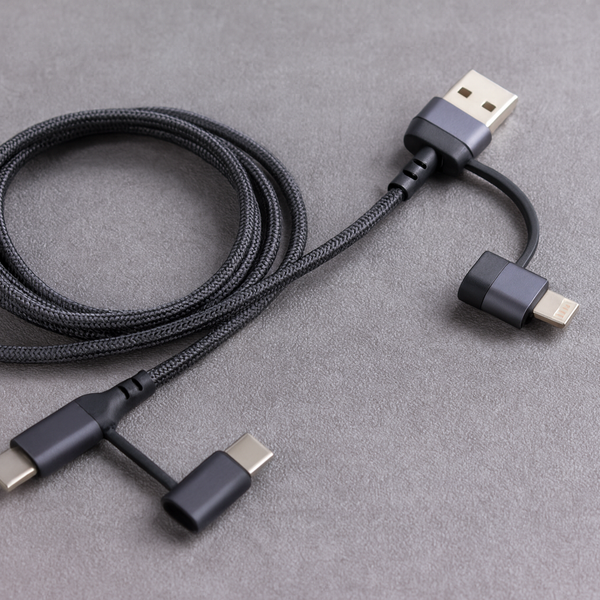 3-in-1 USB Kabel – 1 meter – Snelladen & Dataoverdracht – USB naar USB-C - Lightning – Nylon Gevlochten – Zwart