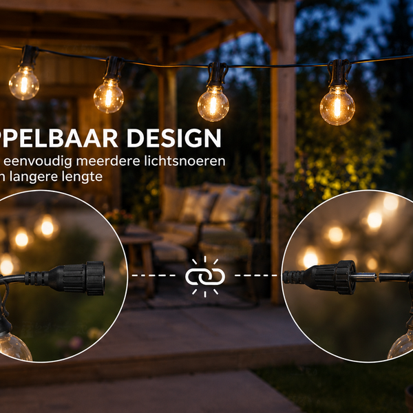 Prikkabel Buiten 15,3 Meter – 25 LED Lampen – Koppelbare Lichtsnoer Buiten – Waterdichte Tuinverlichting – Warm Wit – Sfeerverlichting voor Tuin, Balkon, Terras & Overkapping