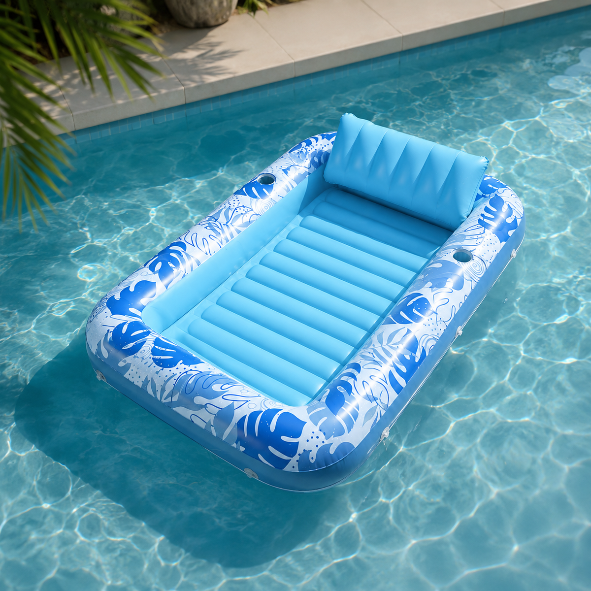 Opblaasbaar Tanning Bed – Opblaasbaar Ligbad voor Zonnen & Relaxen – Waterhangmat met Hoofdkussen en Bekerhouders – Drijvend Luchtbed Zwembad – 177,8 x 116,8 cm