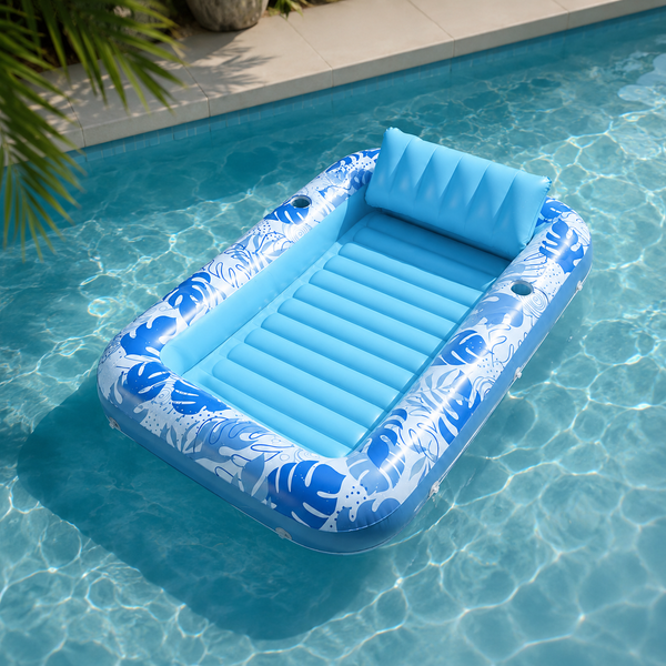 Opblaasbaar Tanning Bed – Opblaasbaar Ligbad voor Zonnen & Relaxen – Waterhangmat met Hoofdkussen en Bekerhouders – Drijvend Luchtbed Zwembad – 177,8 x 116,8 cm