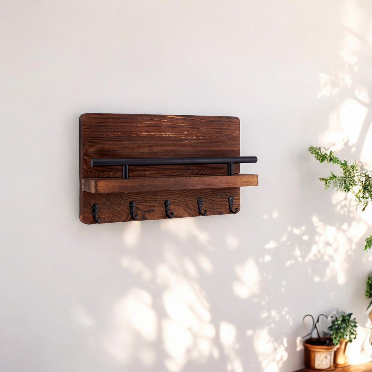 Sleutelrekje - Sleutelkastjes - Vijf sleutelhaken 30 x 18 cm - Beukenhout - Donker Bruin