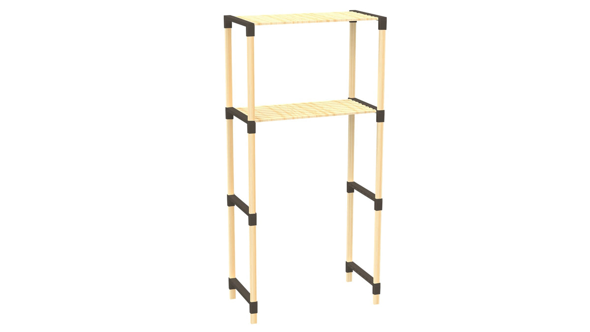 FixWood 2-Laags Wasmachine Rek – Zwart - Houten Opbergrek voor Wasmachine – Ruimtebesparend Badkamerrek 127 cm – Beukenlook – 33x66x127 cm (