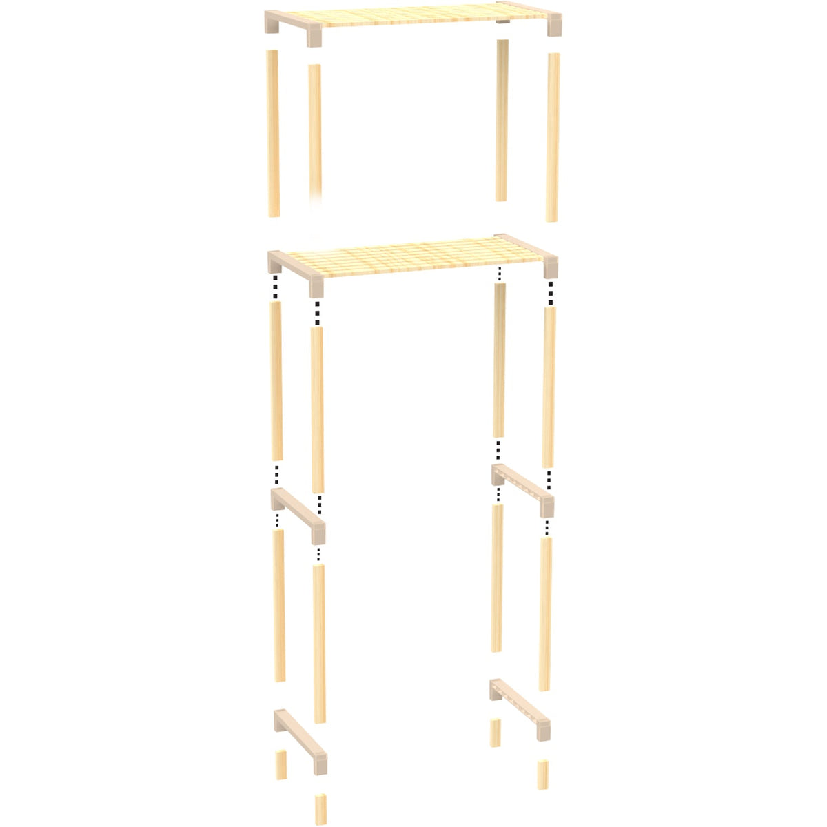 FixWood 2-Laags Wasmachine Rek – Beige - Houten Opbergrek voor Wasmachine – Ruimtebesparend Badkamerrek 127 cm – Beukenlook – 33x66x127 cm