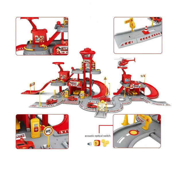 Brandweer Speelset met Garage & Helikopter – Grote Brandweerkazerne Speelbaan met Auto’s, Geluid & Licht – Educatief Speelgoed voor Kinderen 3+
