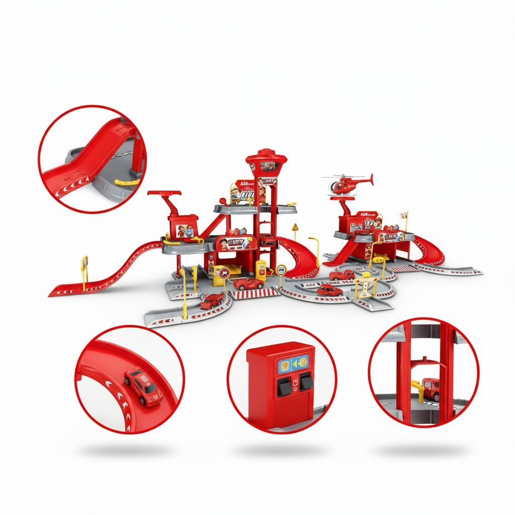 Brandweer Speelset met Garage & Helikopter – Grote Brandweerkazerne Speelbaan met Auto’s, Geluid & Licht – Educatief Speelgoed voor Kinderen 3+