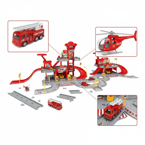 Brandweer Speelset met Garage & Helikopter – Grote Brandweerkazerne Speelbaan met Auto’s, Geluid & Licht – Educatief Speelgoed voor Kinderen 3+