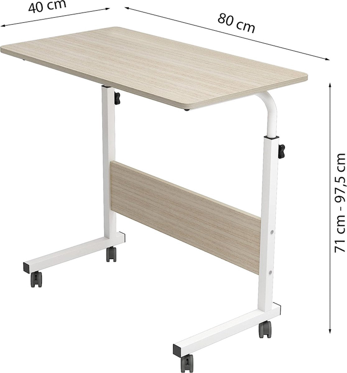 Verstelbare Laptoptafel op Wielen – In Hoogte Verstelbaar (71-98 cm) – 80 cm Breed – Compact Bureau – Verrijdbaar Laptoptafeltje voor Thuis & Kantoor – Wit