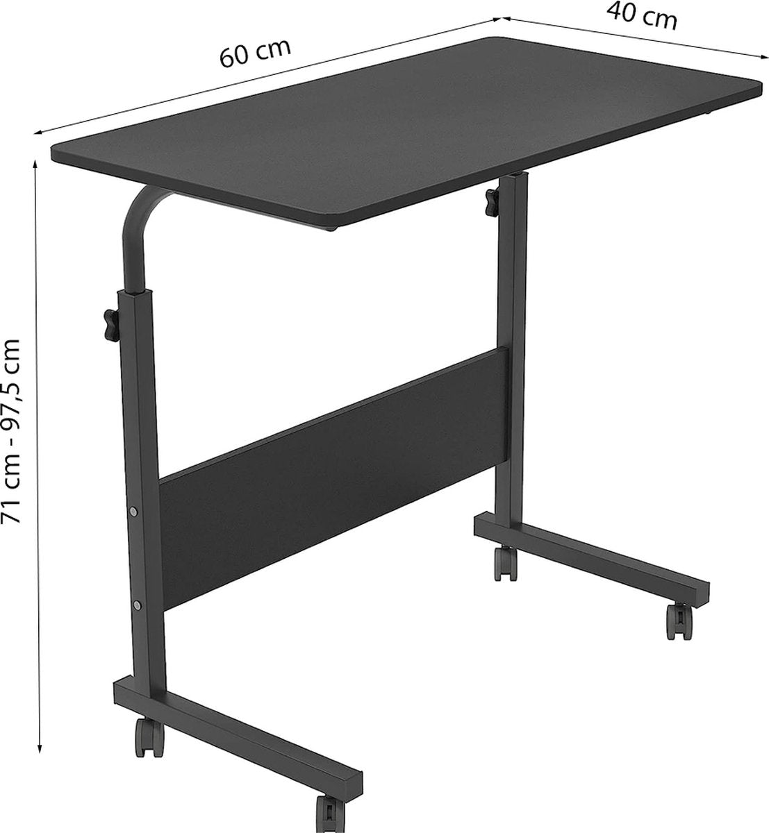 Verstelbare Laptoptafel op Wielen – In Hoogte Verstelbaar (71-98 cm) – 60 cm Breed – Compact Bureau – Verrijdbaar Laptoptafeltje voor Thuis & Kantoor – Zwart